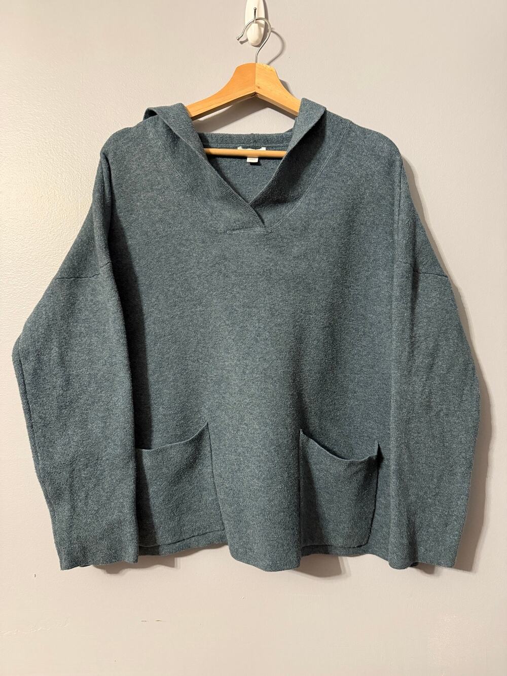 J. Jill Patch-Pocket Hooded V-Neck Sweater Teal Blue/Gray Knit Size Large